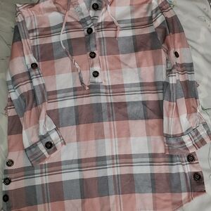 Eden & Olivia Pink Plaid 1/4 Button Down Shirt with Hood MEDIUM